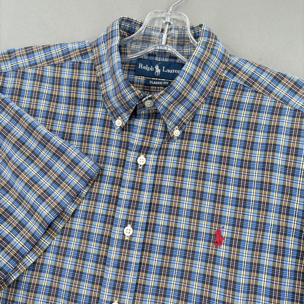 Ralph Lauren Shirt Mens Large Blue Plaid Classic Button Up Short Sleeve‎ Tartan